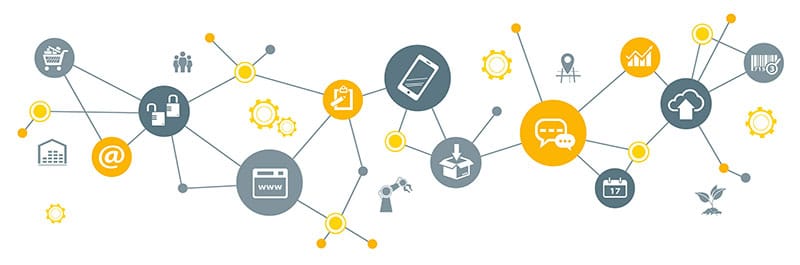 Mehrere Grafiken und Icons mit Digital und Print relevanten Themen sind miteinander vernetzt